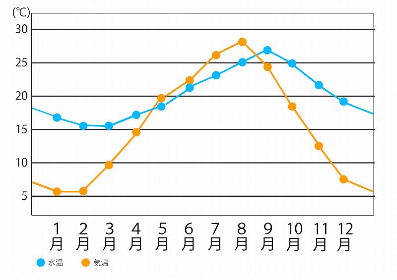 伊豆の年間平均水温と気温の表